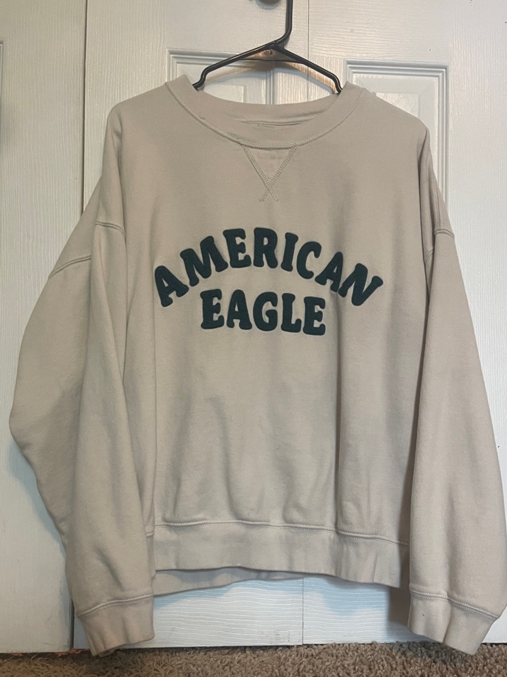 American Eagle Cream Sweatshirt with Hunter Green chenille Lettering